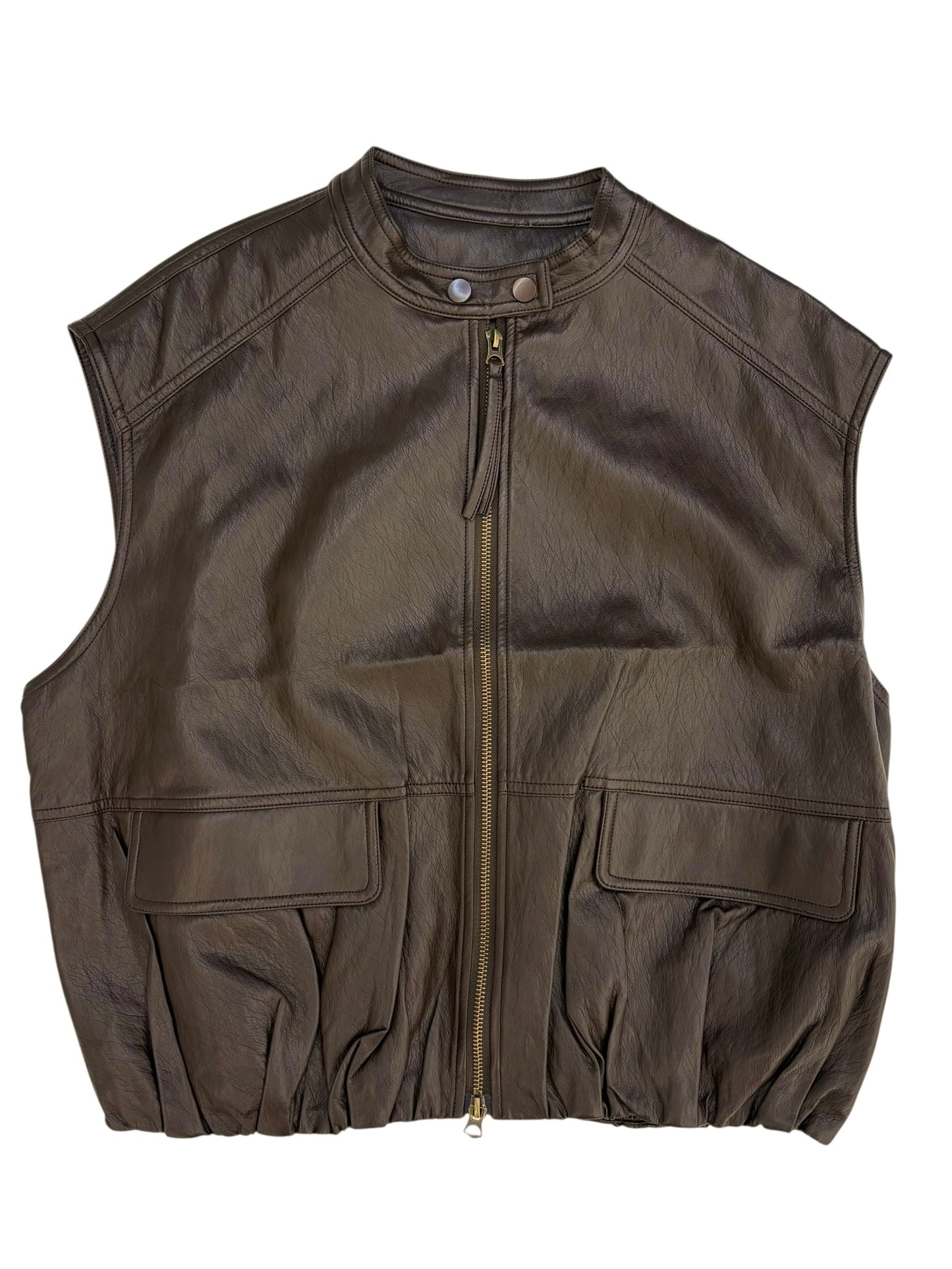 Collarless leather vest