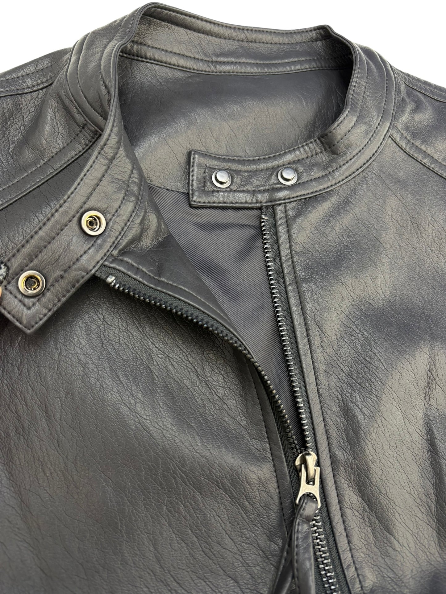 Collarless leather vest