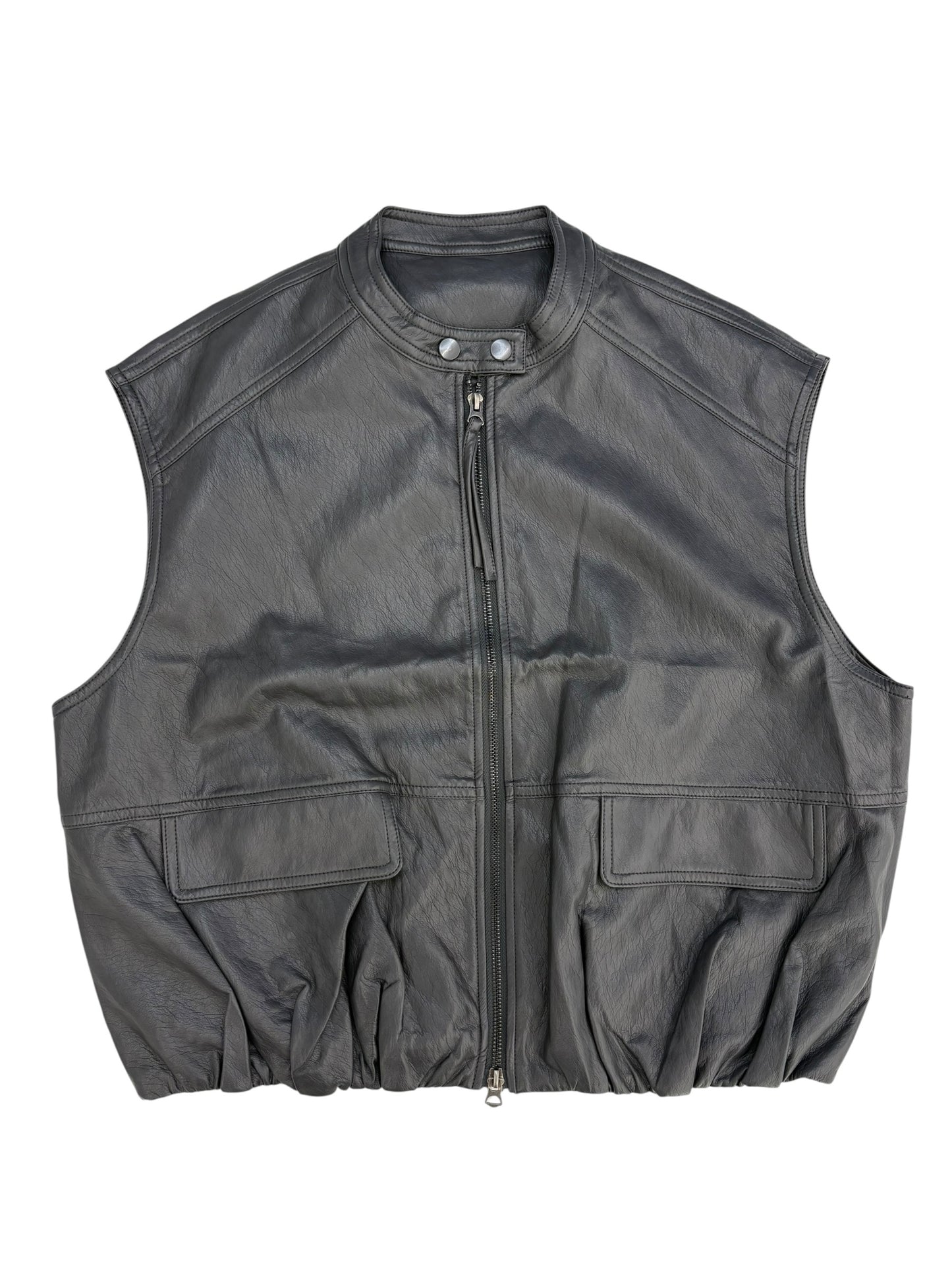 Collarless leather vest