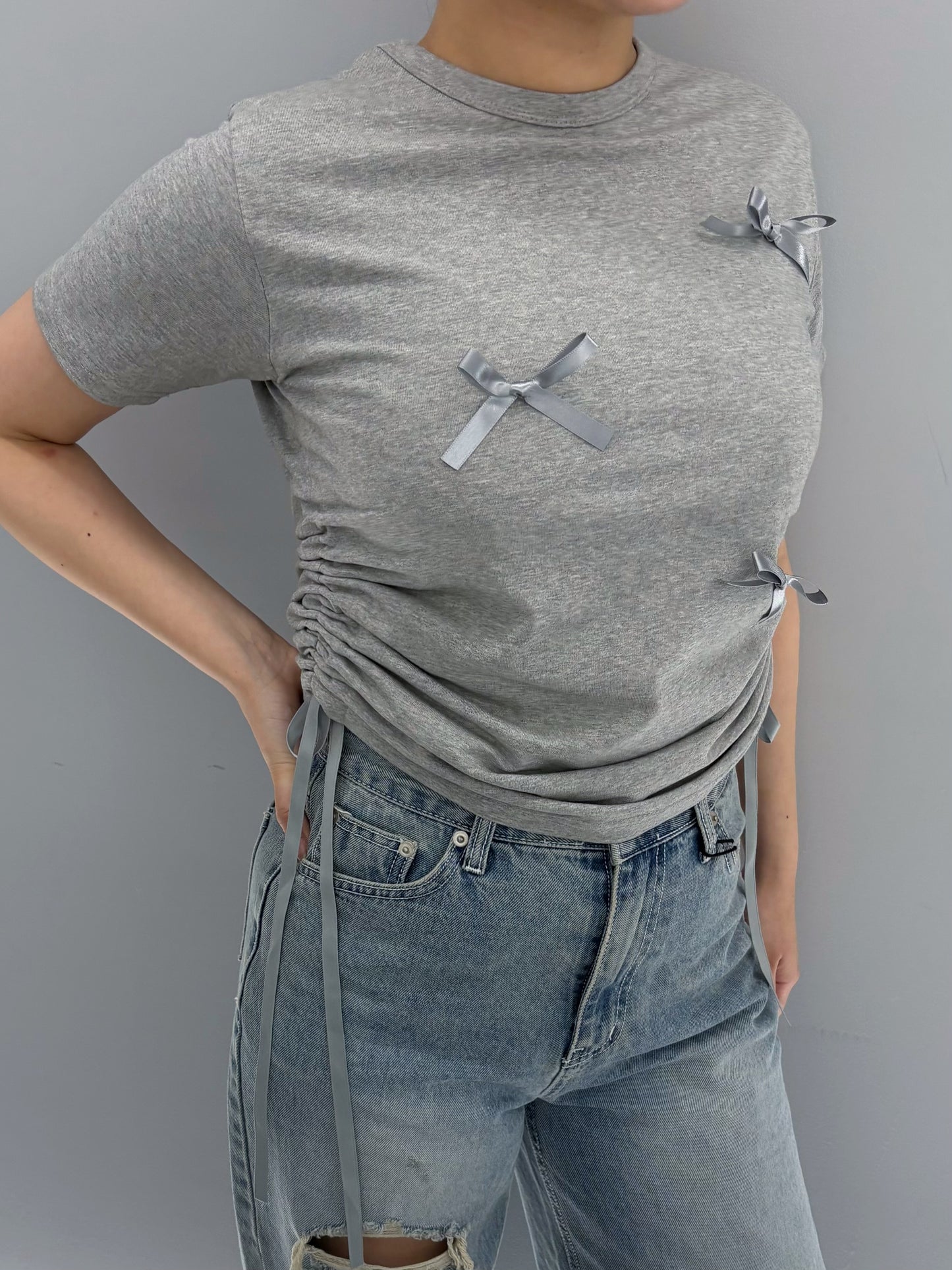 Ribbon shirring T-shirt
