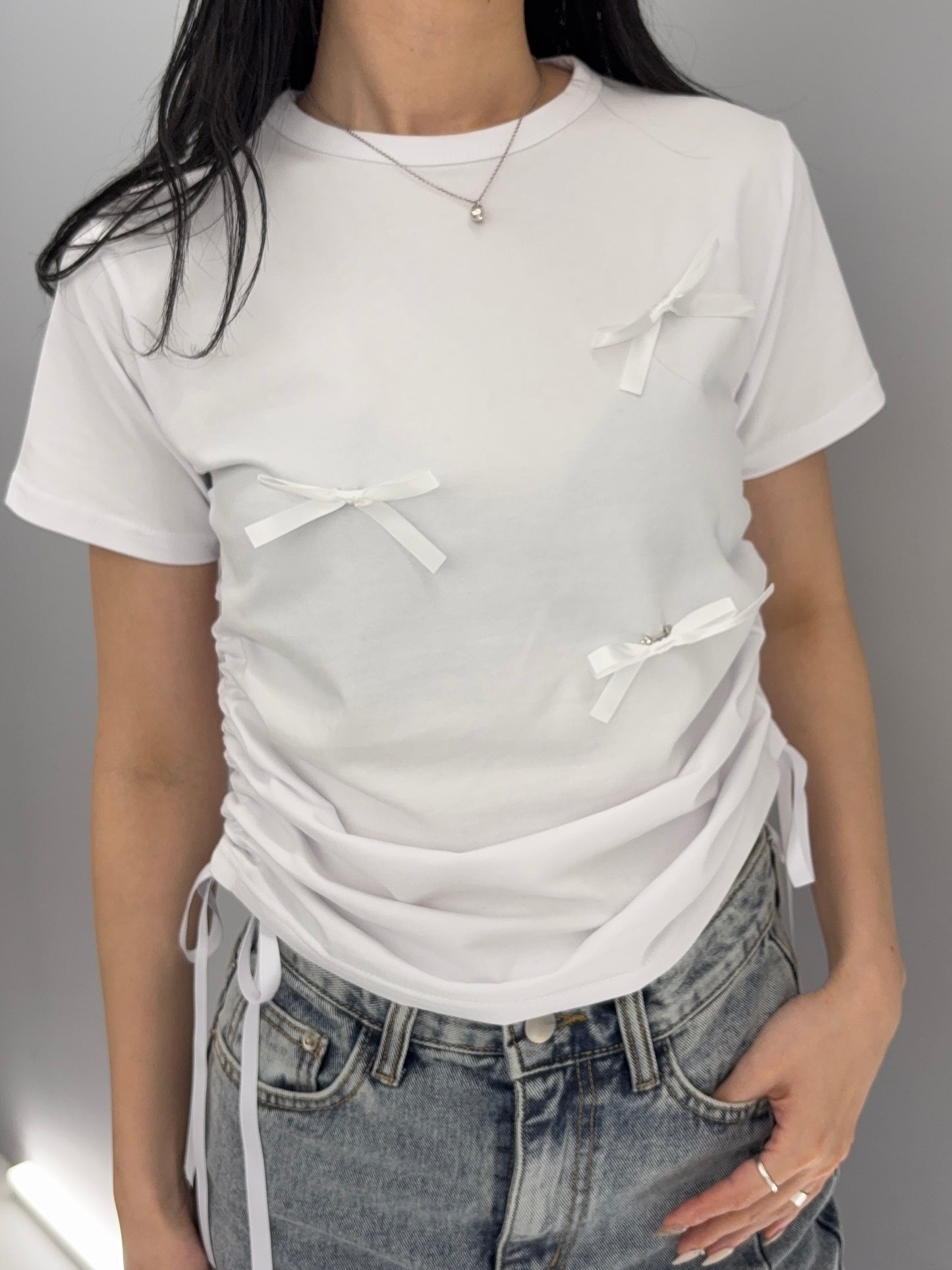 Ribbon shirring T-shirt