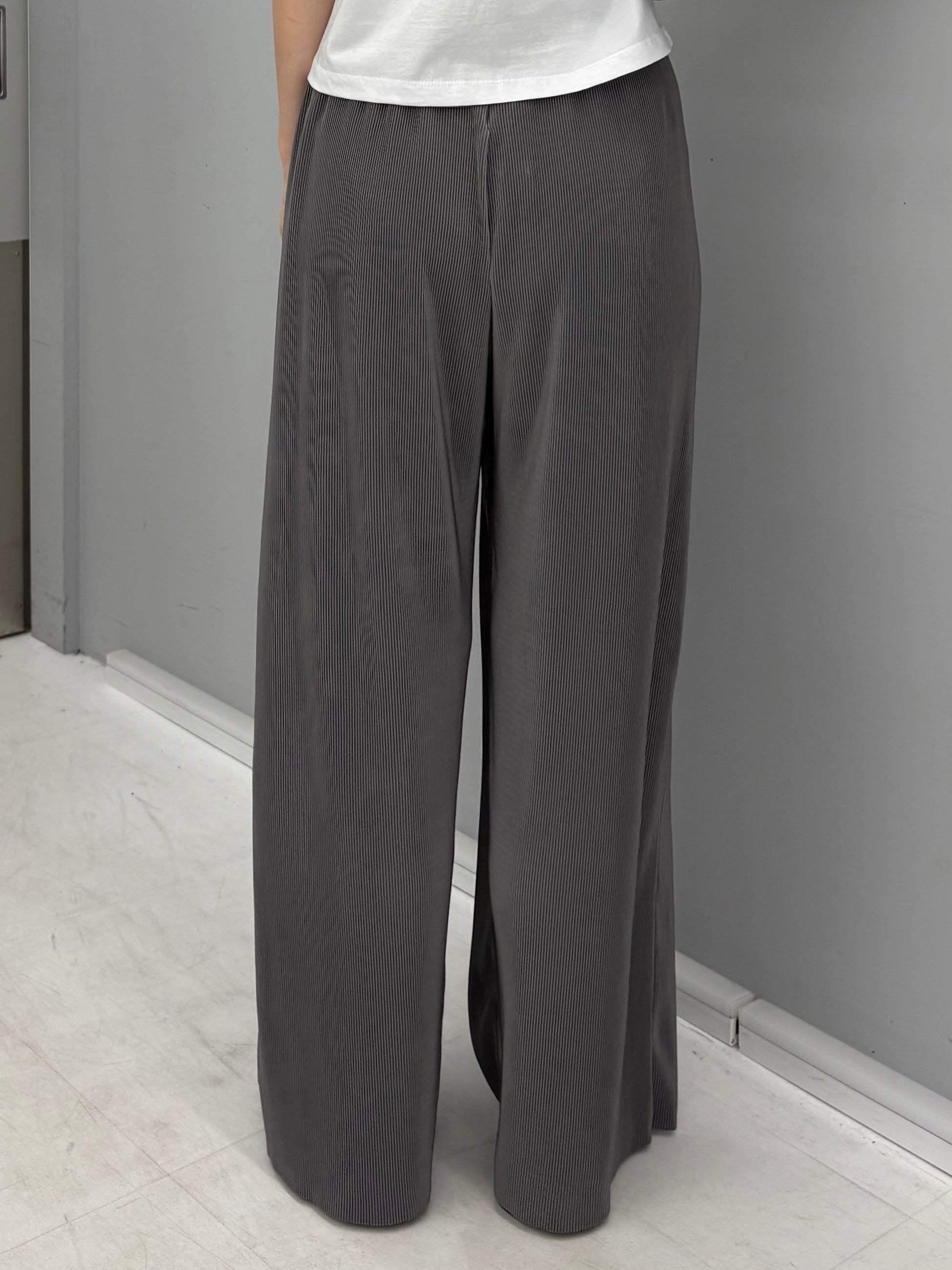 プリーツパンツ グレー 後ろ姿 体型カバー ワイドシルエット リラックス 春夏 KARED
