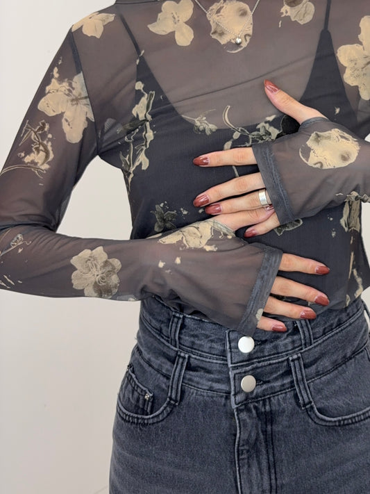 Vintage flower sheer tops
