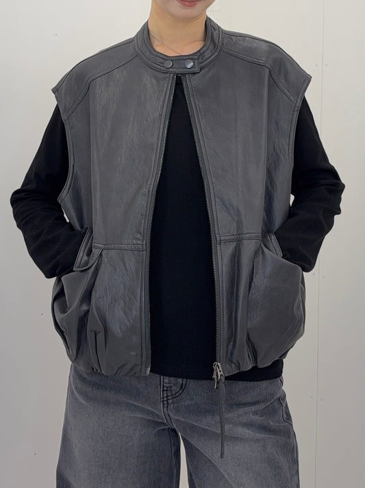 Collarless leather vest