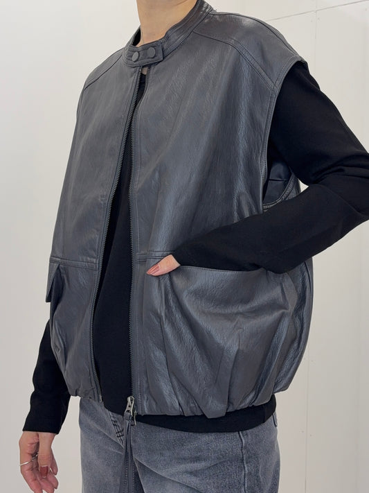 Collarless leather vest
