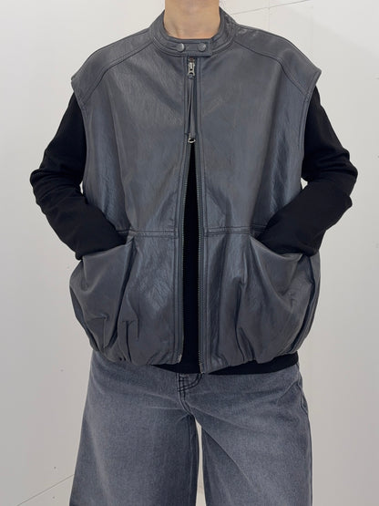 Collarless leather vest