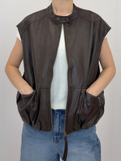 Collarless leather vest