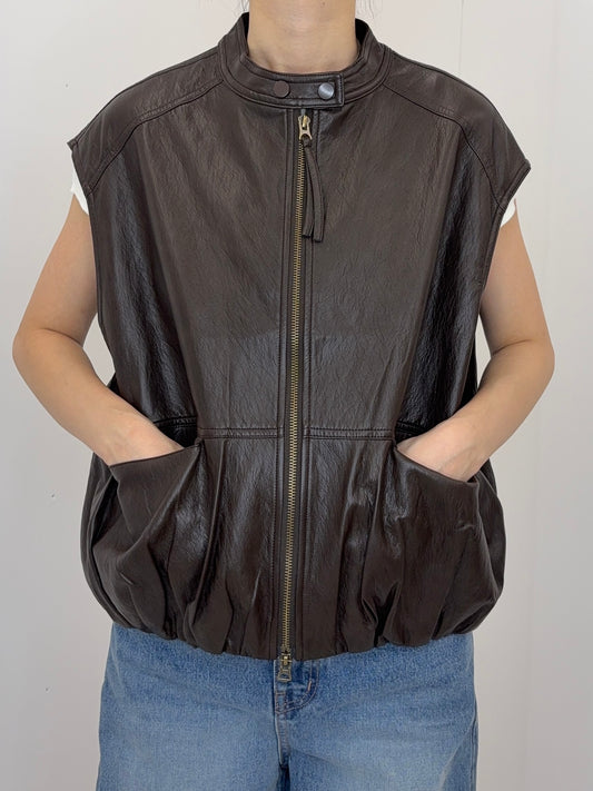 Collarless leather vest