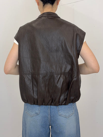 Collarless leather vest