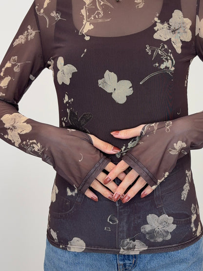 Vintage flower sheer tops
