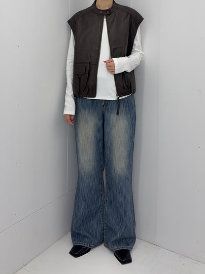 Collarless leather vest