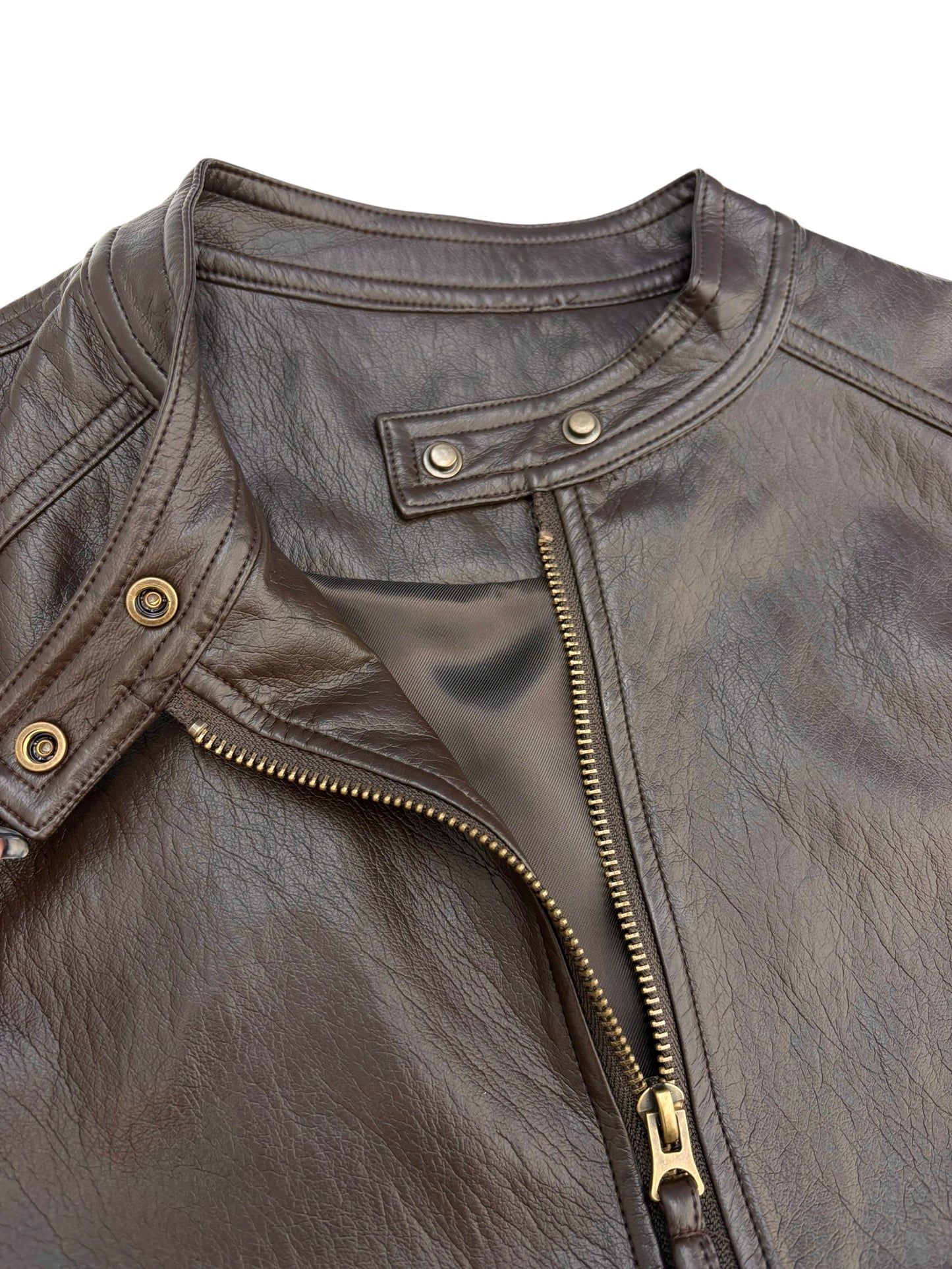 Collarless leather vest