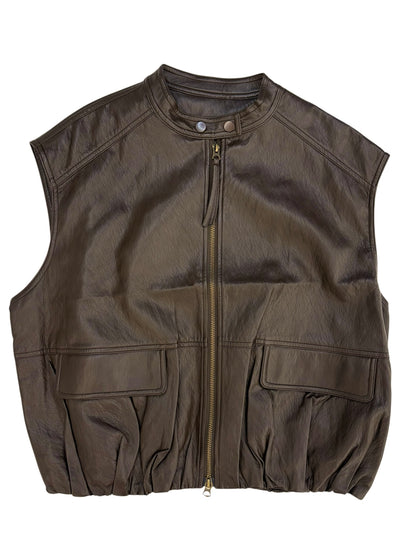 Collarless leather vest