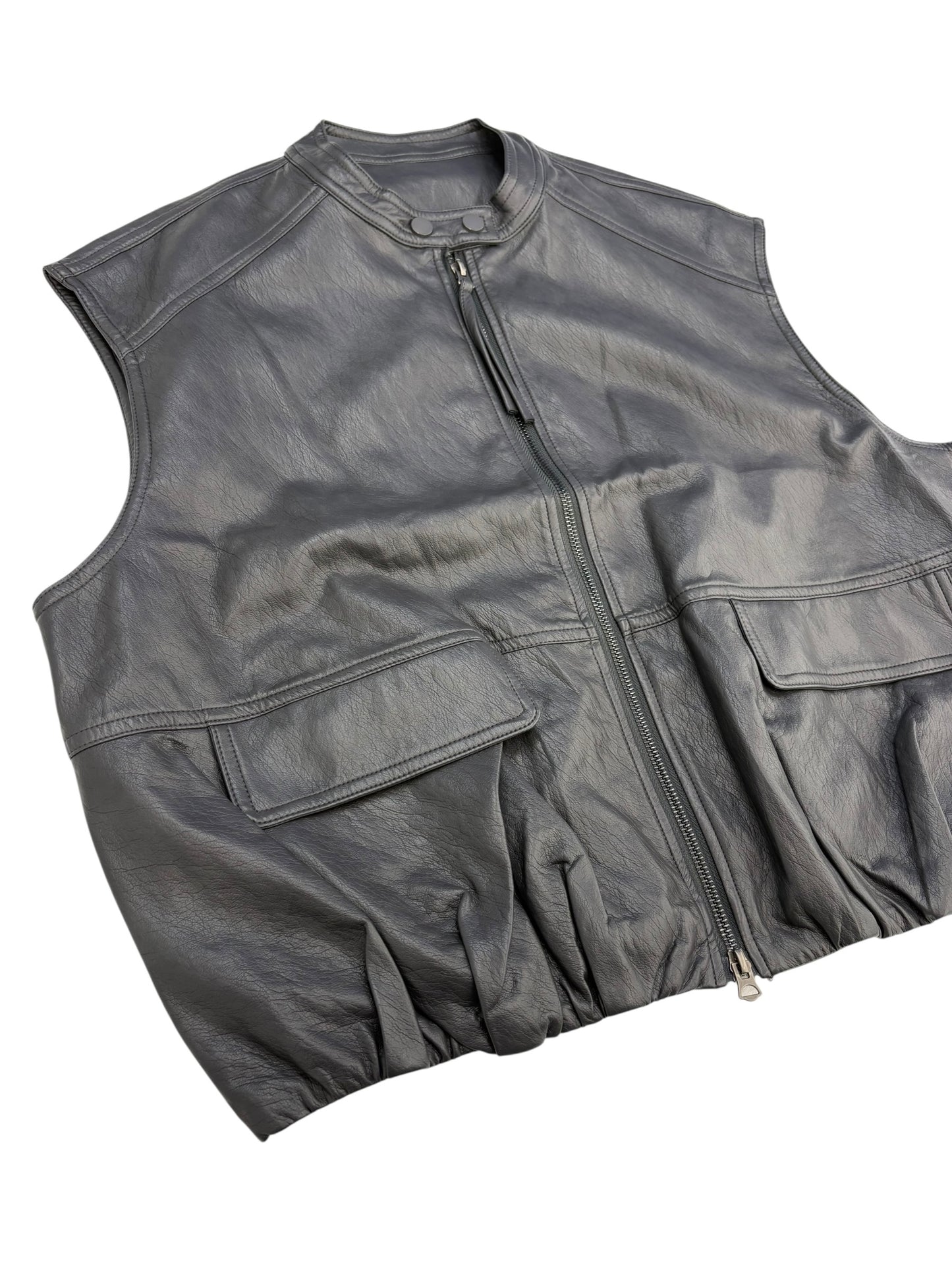 Collarless leather vest